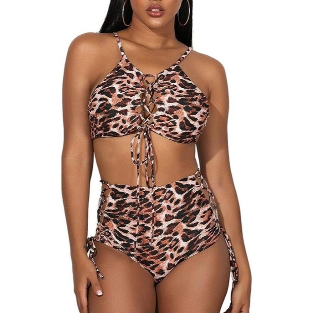 Women's Lace Up Leopard Print Halter High Waisted Sexy Bikini NWT Size XXL
